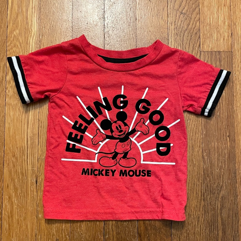 Disney Red Mickey T-Shirt w Black Velvet Print & Black Striped Sleeves, Size 12M